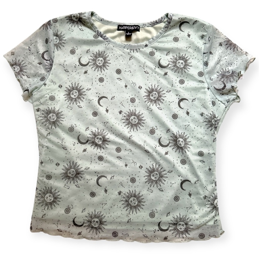 Harper & Ivy Sheer Mesh Short Sleeve Top T-Shirt Juniors sz L Celestial Y2K
